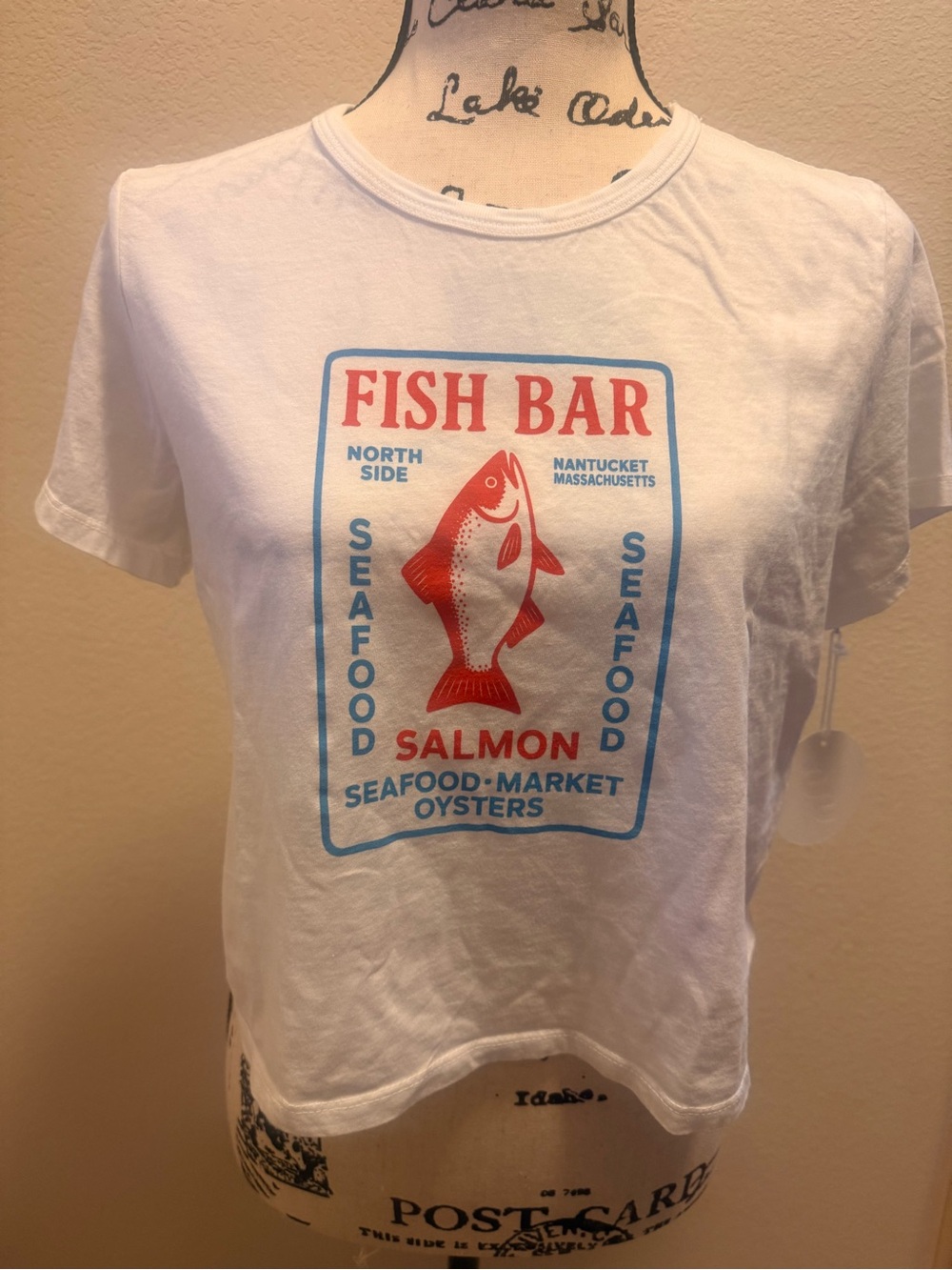 Sunny Somewhere White “tiny” Tee with Red and Blue Fish Graphic